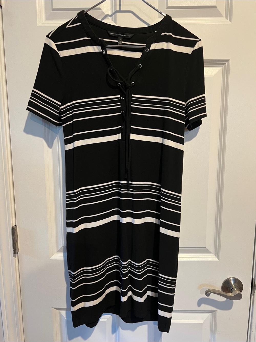 White House Black Market Black and White Striped Lace-Up Mini Dress- Size Small